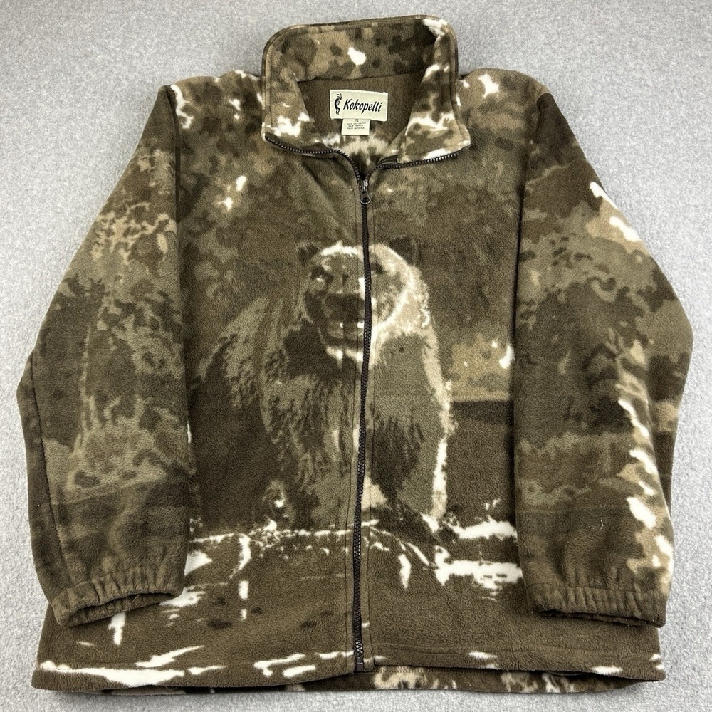 Vintage Kokopelli Fleece Mens Small Jacket Bear Zip Brown All Over Bears Animal